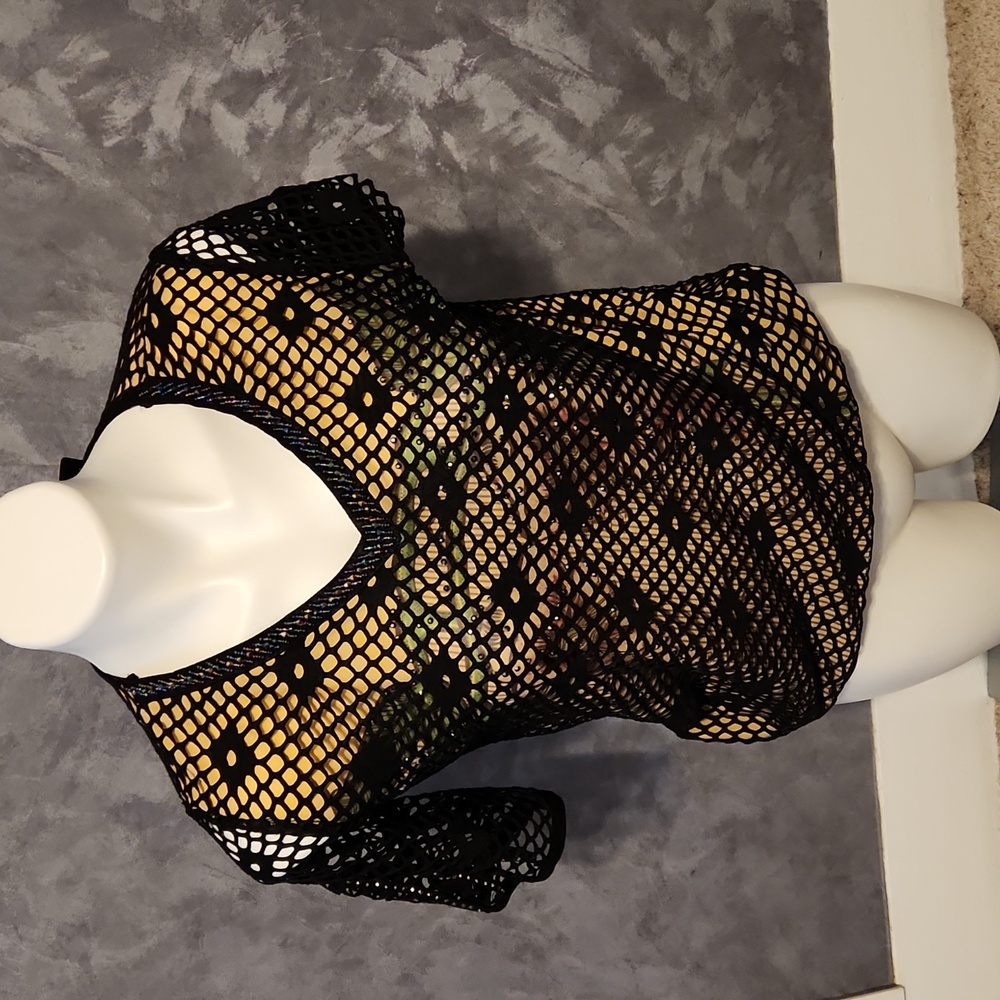 Blue Star Black Mesh Look Rhinestone Shirt Sz XL